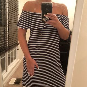 Navy and White Striped Off the Shoulder Dress